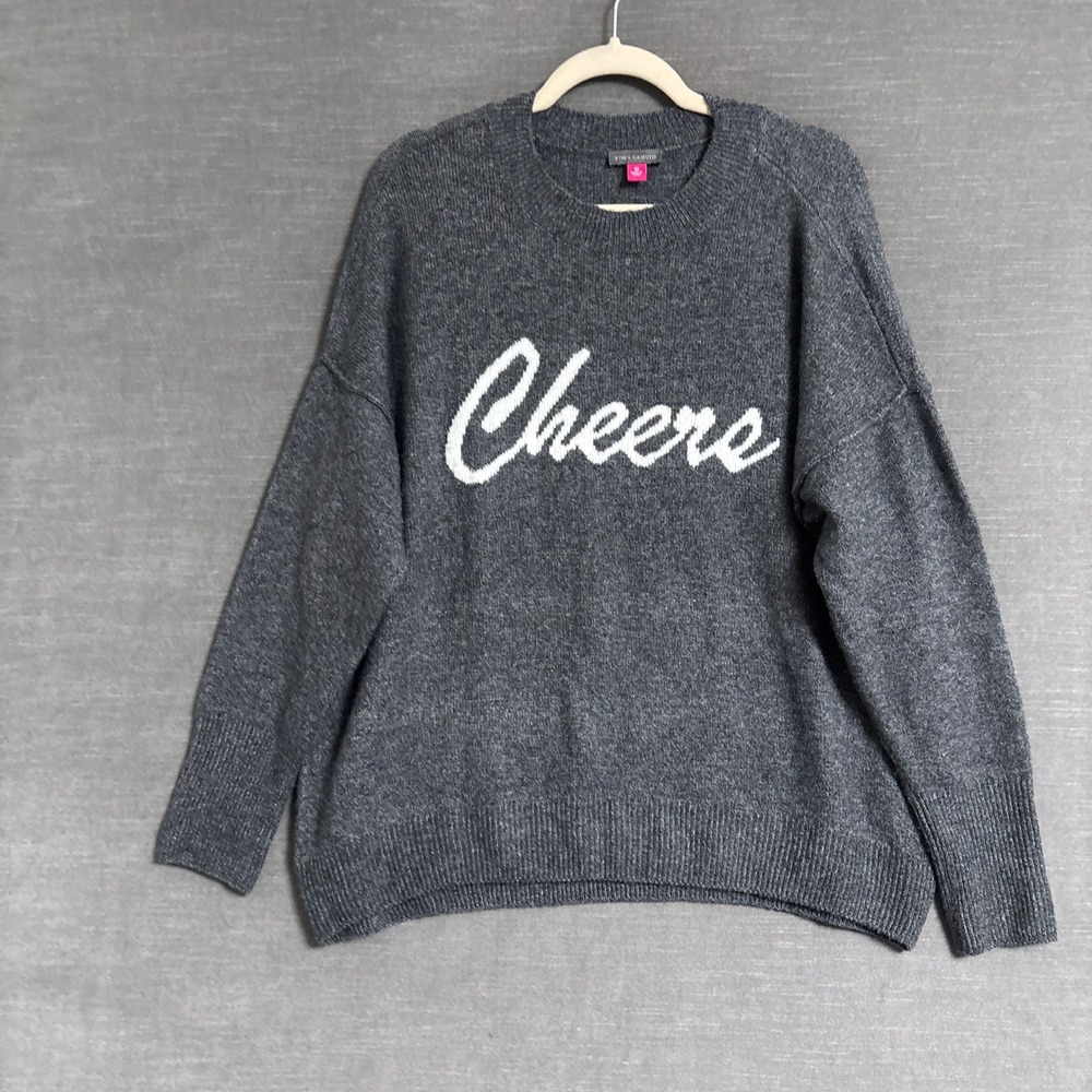 Vince Camuto Sweater M Grey Cheers Novelty Crewneck Holiday NYE Party